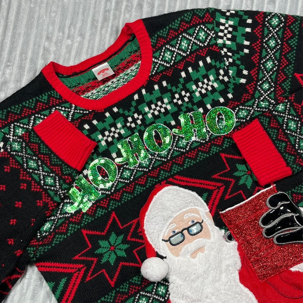 Ugly Christmas Sweater Mens S Embroidered Santa Cheers Drink Pouch Holiday Party